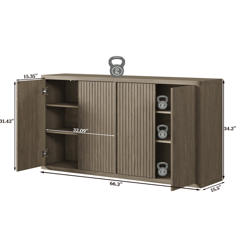 Cesiro 66.3'' W Sideboard With 4 Fluted Doors And Adjustable Shelves, Gray Alder