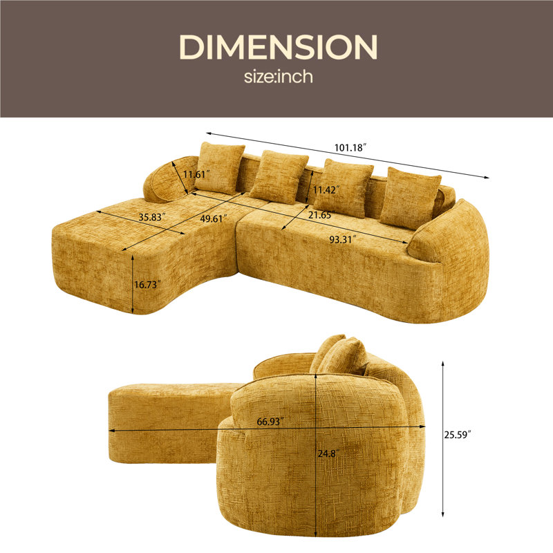 Canapé en chenille compressée en forme de L qui s'agence bien avec n'importe quel salon. Il est doté d'une éponge hautement élastique pour une sensation d'assise confortable, d'accoudoirs courbés et de quatre coussins décoratifs