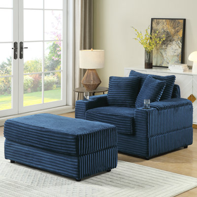 Velours côtelé bleu 1 avec 2 coussins décoratifs et canapé profond pour le confort du salon, tissu luxueux doux, ressorts stables, conception ergonomique réfléchie, processus d'assemblage