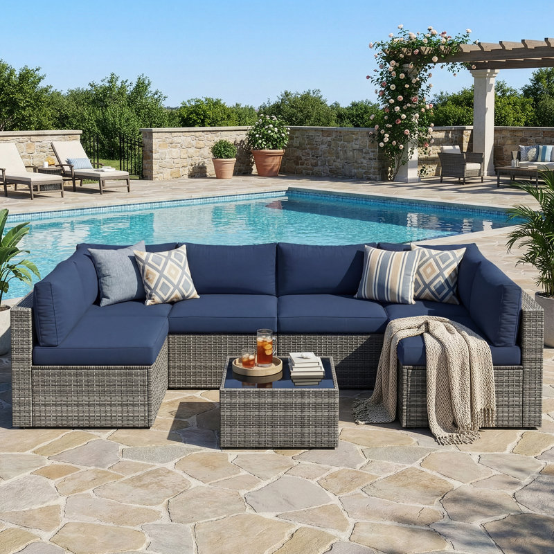 Ensemble de conversation modulaire en osier avec coussins 7 pièces, Structure grise / coussin bleu marine