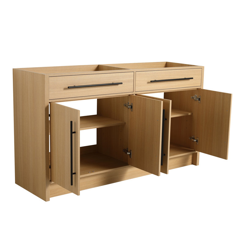 Armoire de meuble-lavabo à double cuve 58 11/16 po - Finition chêne clair avec tablettes réglables, portes à fermeture douce et poignées en métal (poignée noire)