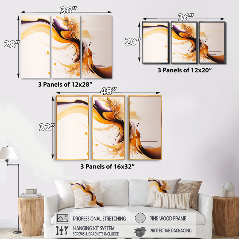 «White and Gold Fusion III», ensemble d'art mural moderne sur toile, H 32 po x l 48 po x P 1 po, Encadrement doré