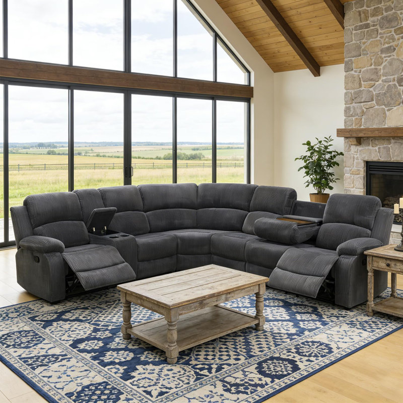 3 - Piece Upholstered Manual Reclining Sectional, Charcoal Gray Fabric
