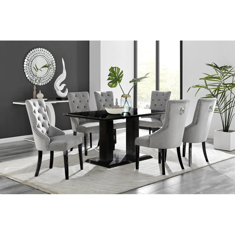 Edzard Double Pedestal High Gloss Dining Table Set with 6 Luxury Velvet Dining Chairs, Black, Grey
