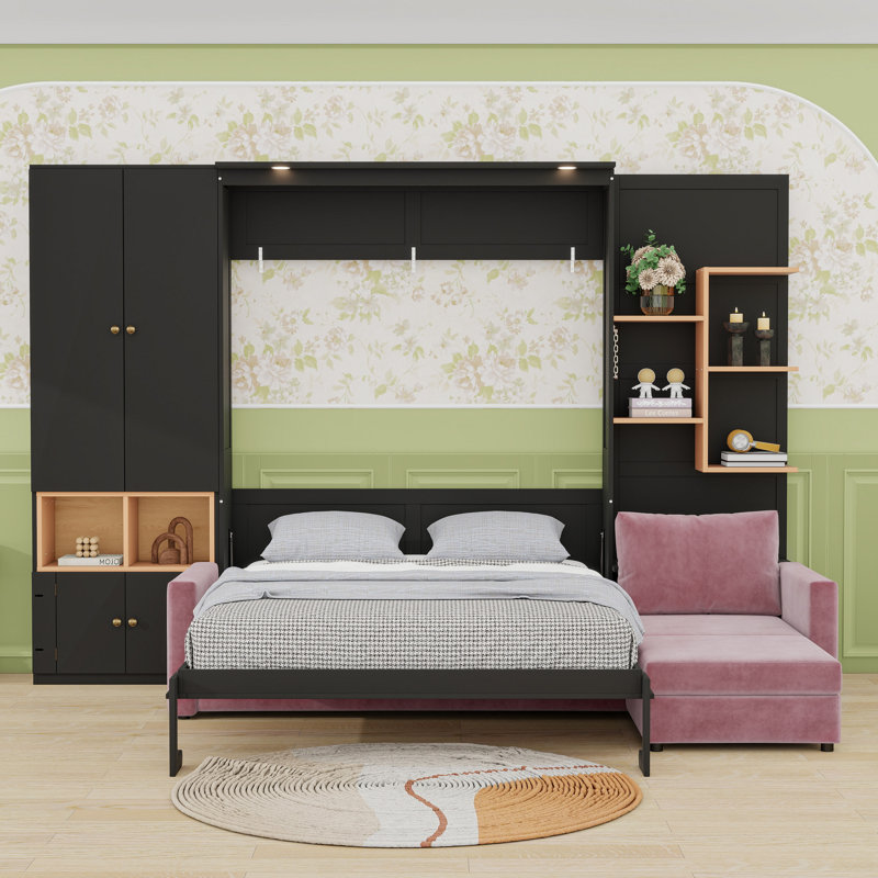 Grand lit escamotable avec canapé intégré et tablettes de rangement, Noir