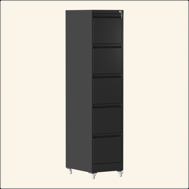 Mobile 5 Drawer Metal Vertical File Cabinet with Lock, Heavy Duty Rolling Storage Cabinet on Wheels, Anti-Tilt Document Organizer for A4 Letter Legal Size, Home Office Use