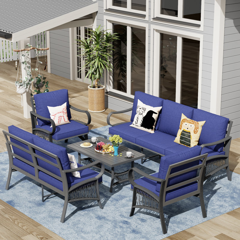 Ensemble de conversation pour patio pour 7 personnes avec coussins (bleu), Bleu