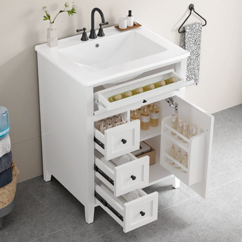 Meuble-lavabo de 24 po avec lavabo en céramique | Design moderne glam avec boutons dorés, rangement à 3 tiroirs à gauche et armoire à droite avec tablettes réglables, compact pour les petites salles de bain