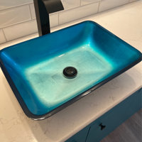 VIGO Lavabo de salle de bains en verre rond dans la couleur bleu d'Océanie  avec robinet Li