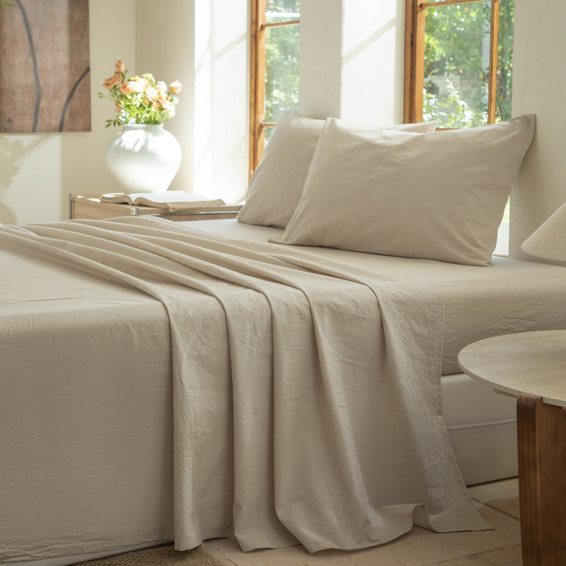 100% Washed Cotton Bedding Sheet Set 4 Pieces,1 Fitted Sheet,1 Flat Sheet and 2 Pillowcases,Comfy Textured Sheet Set, Beige