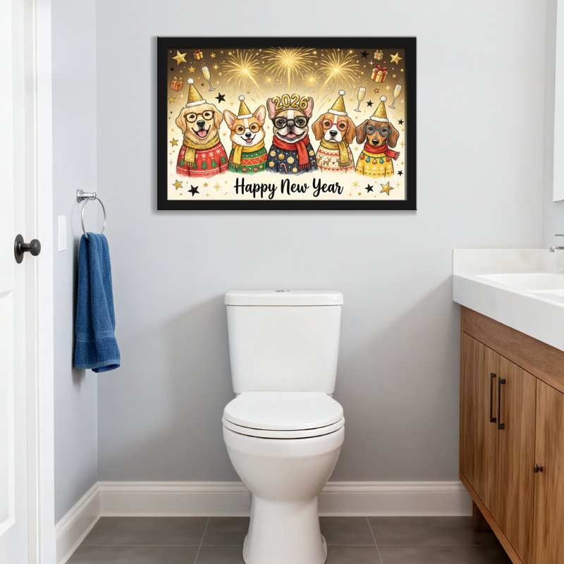 Animaux cinq chiens en tenue de fête pour célébrer le Nouvel An, H 20 po x l 30 po, Toile tendue, Ne s’applique pas