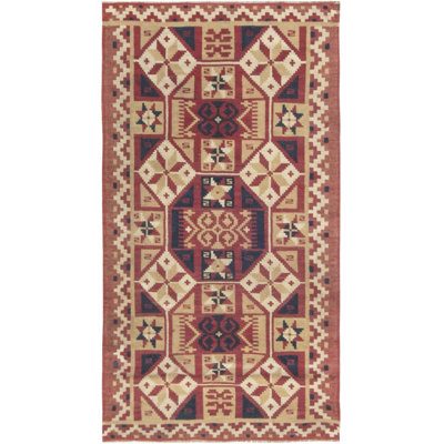 Vintage One-of-a-Kind Rectangle 1'10" X 3'5" 1940s Wool Area Rug in Beige/Navy/Red