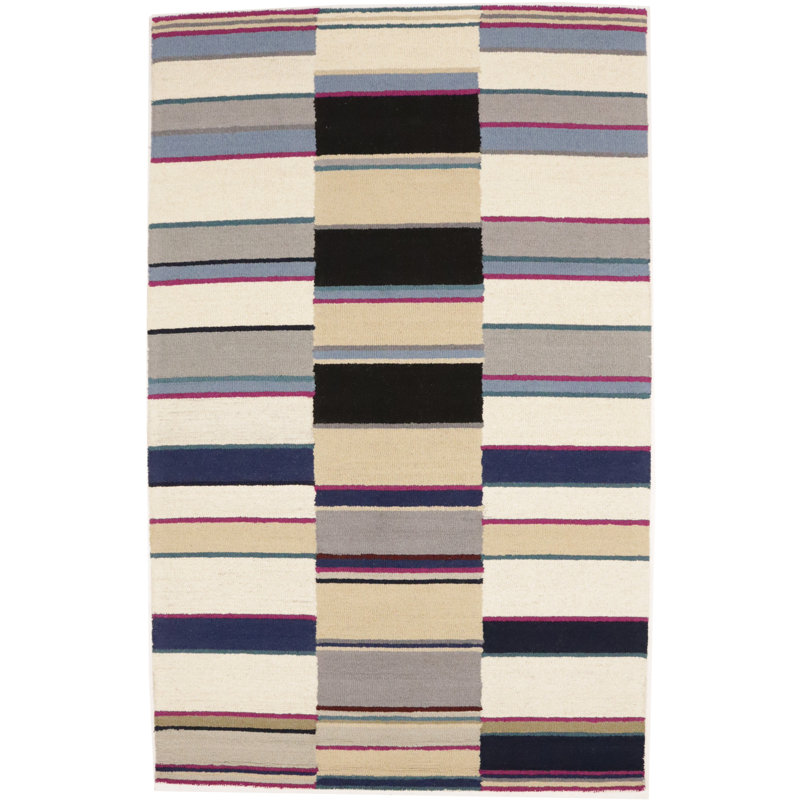 Tapis moderne multicolore rayé 5 x 8 touffeté à la main
