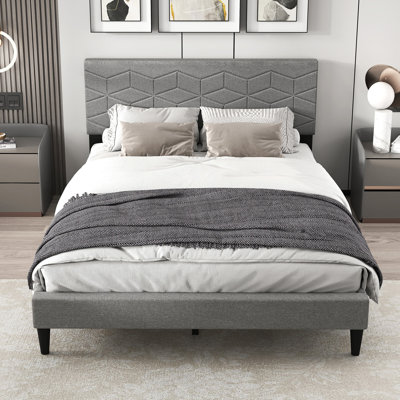 Twin Size Bed Frame with Linen Fabric Upholstered Headboard & Wooden Slat Support