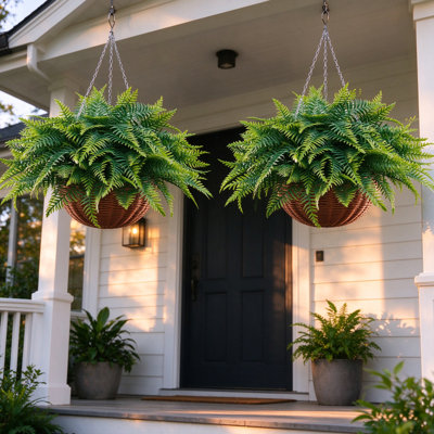 25" Artificial Hanging Boston Ferns (Set of 4), Ready-to-Hang Faux Fern Plants with Woven Baskets & Chains, Pet-Friendly Silk Greenery for Indoor & Outdoor Porch Decor