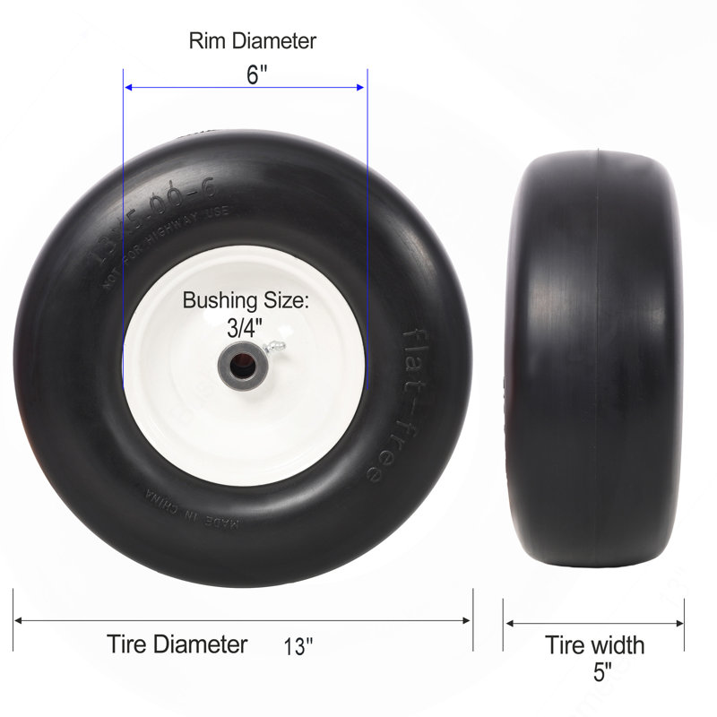 2-Pack 13x5.00-6" Flat-Free Solid Lawn Mower Tires with Smooth Tread, 3/4" Bearings for Zero-Turn Mowers