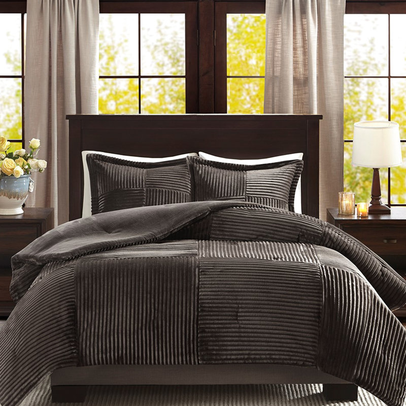Full/queen Comforter With Down Alternative, Ribbed Surface Design, Solid Reverse Finish, 1 And 2 Shams, Machine Washable, Brown Grey Alternative , Appearance Comfort, Back For Sleep Warmth,