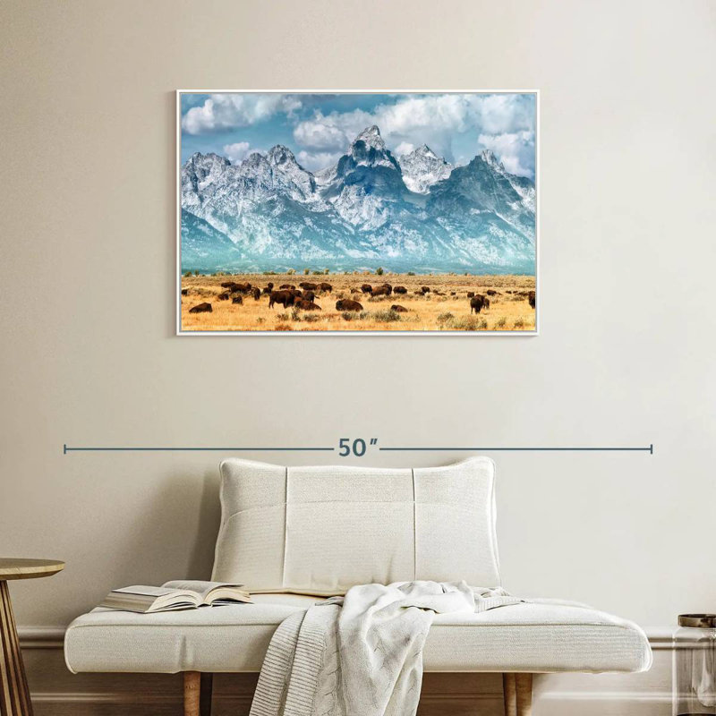Troupeau de bisons à Grand Teton, Cadre flottant blanc, 37 po x 25 po