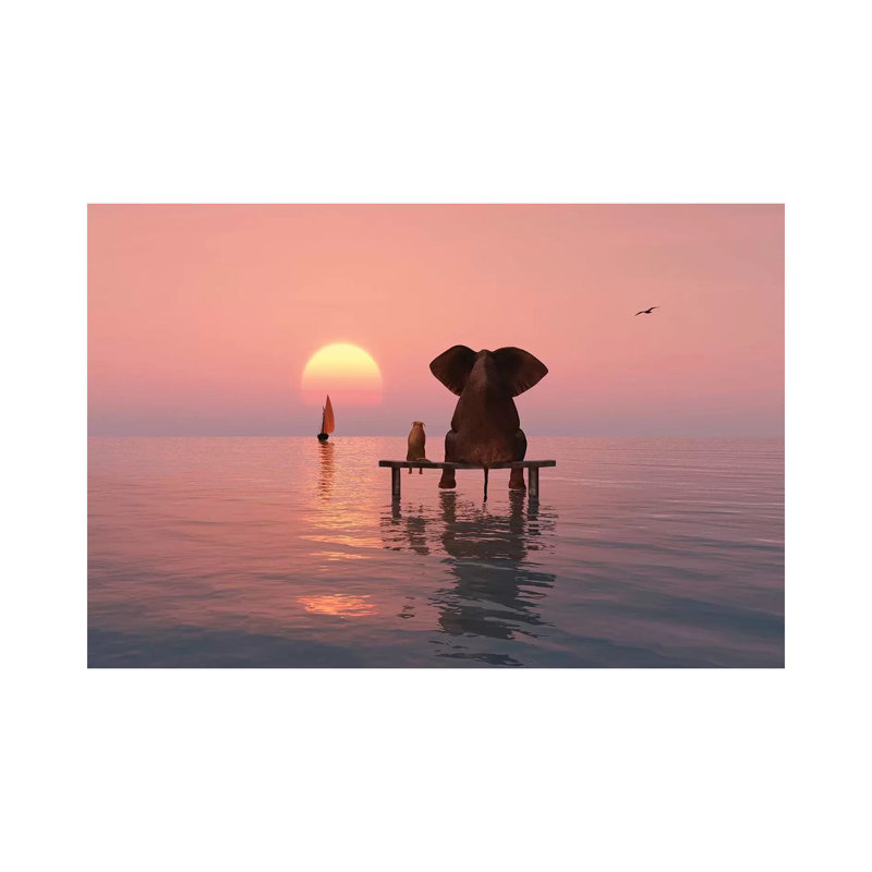 Elephant And Dog Sitting In The Sea by Mike Kiev - Wrapped Canvas Print, 66.04 cm H x 45.72 cm W x 1.91 cm D, Wrapped Canvas