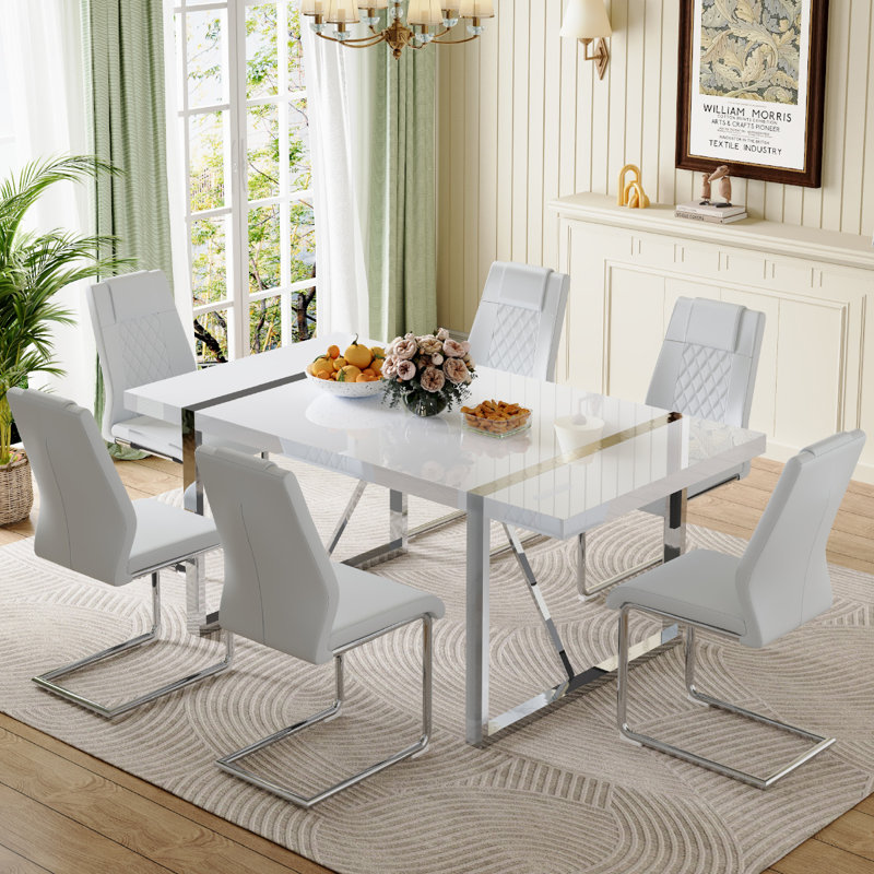 Ensemble de salle à manger rectangulaire pour 6 personnes, 6 chaises en similicuir de luxe, Argent argent, Blanc / argenté
