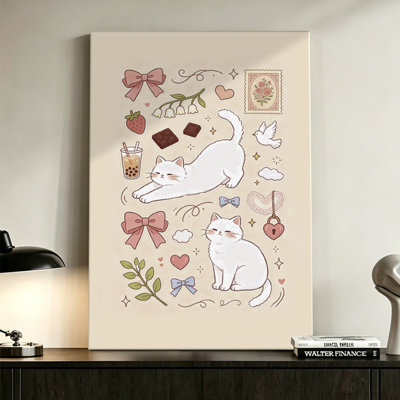 Chats blancs avec nœuds et friandises, tableau kawaii sur toile, impression sur châssis 61 x 91 cm, décoration murale chat rose et blanc pour chambre, chambre d'enfant