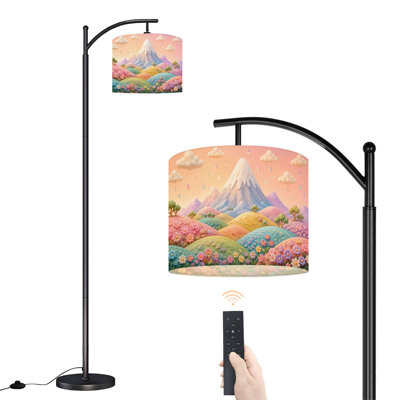  Lampe sur pied Arc, paysage pastel fantaisiste, montagne enneigée, hautes montagnes, lampe sur pied moderne, abat-jour réglable en lin à 3 couleurs