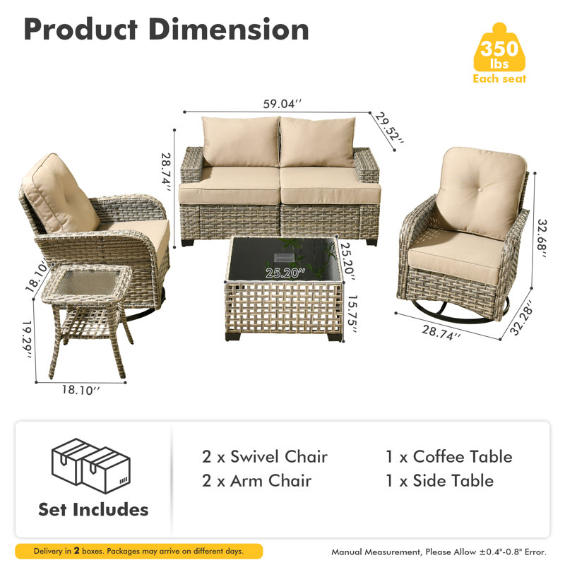 Ensemble de conversation avec canapé 6 pièces avec foyer et coussins Carolle, Beige
