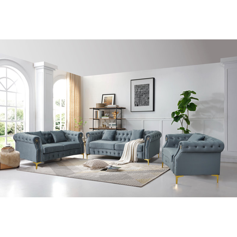 Ensemble de salon configurable en velours 3 pièces Frotten, Velours gris