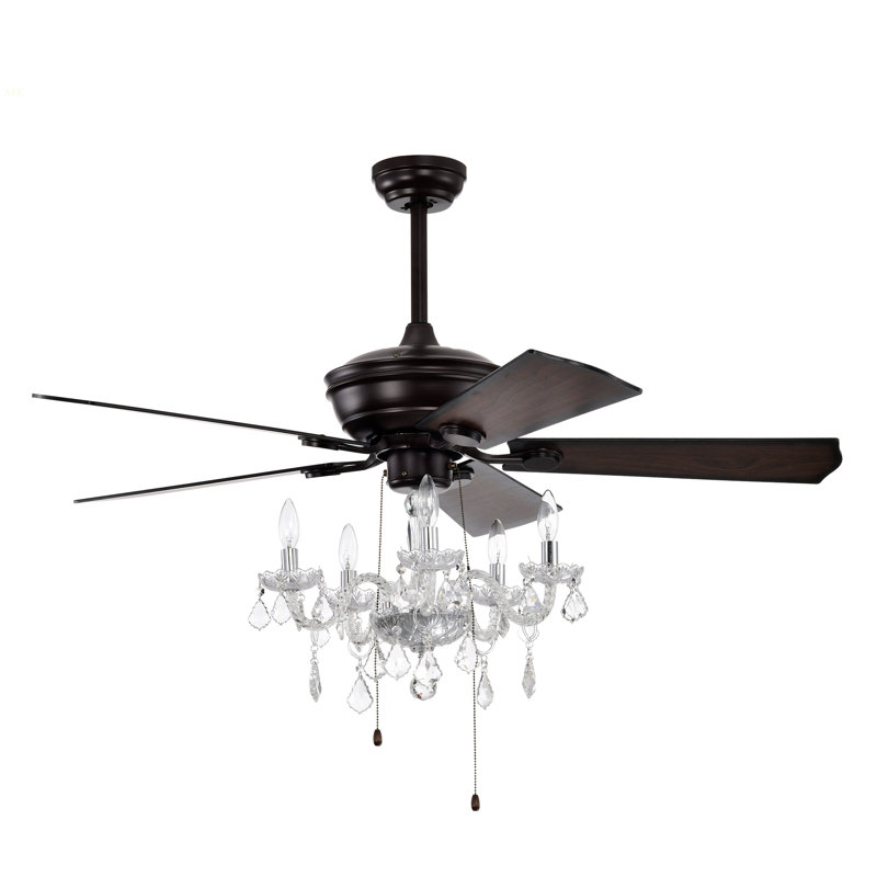 52'' Crystal Shade Ceiling Fan Lamp ,3 Speed ,4 Timing , 5 Reversible Blades Crystal Ceiling Fan ,5PCS*E12  (NO Include Bulb) --  Hand Pull Chain