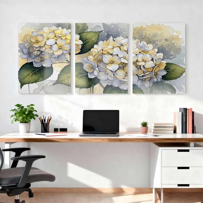 Hydrangea, art mural aquarelle sur toile, ensemble de 3 panneaux pour le salon ou la chambre à coucher, H 36 po x l 72 po