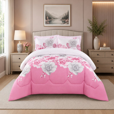 Pink Trendy Printed Bedspread Floral Design Quilted with Pillow Shams
