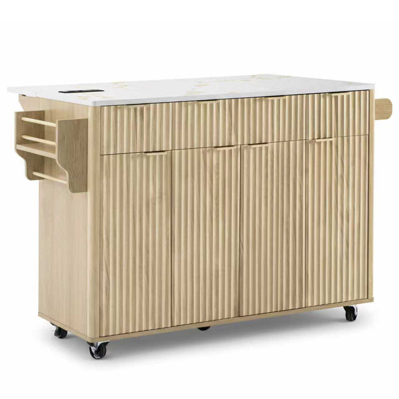 White 55.5" Rolling Fluted Kitchen Island, Nature/White