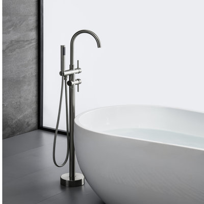 All Metal Construction Tub Filler - Handheld Shower, Brushed Nickel, Tarnish Freestanding With 2 Handles, Lever Style, Nickel Finish, And Reliable