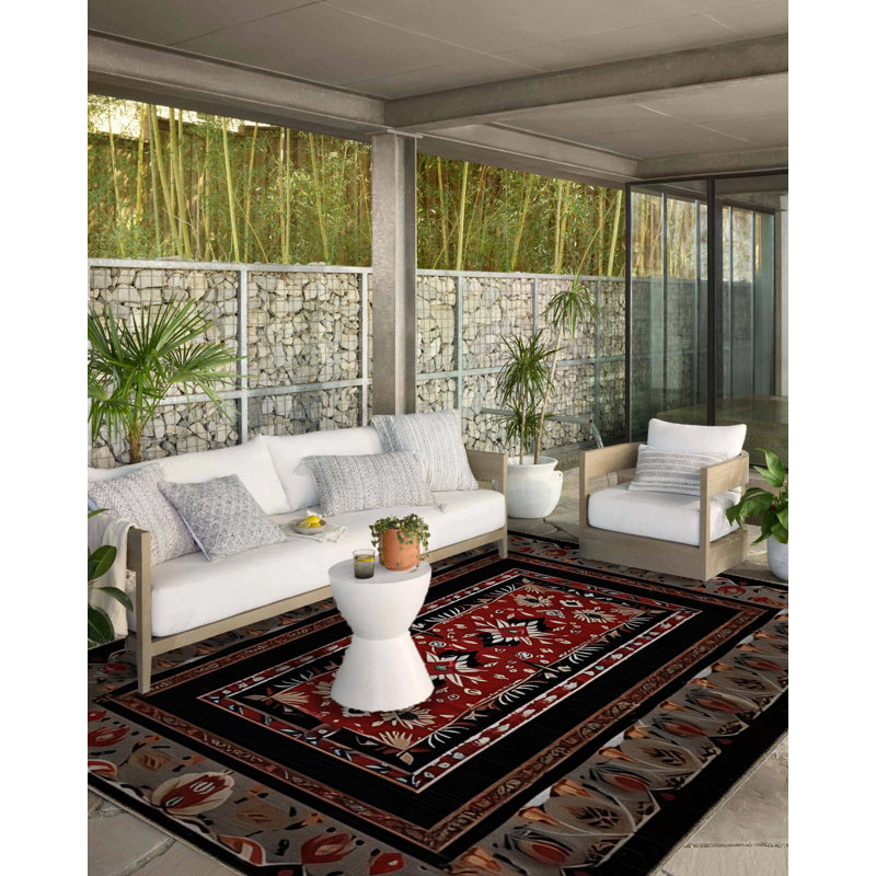 Tapis décoratif noir à motif gris, Rectangle 3 pi 11,24 po x 5 pi 10,87 po