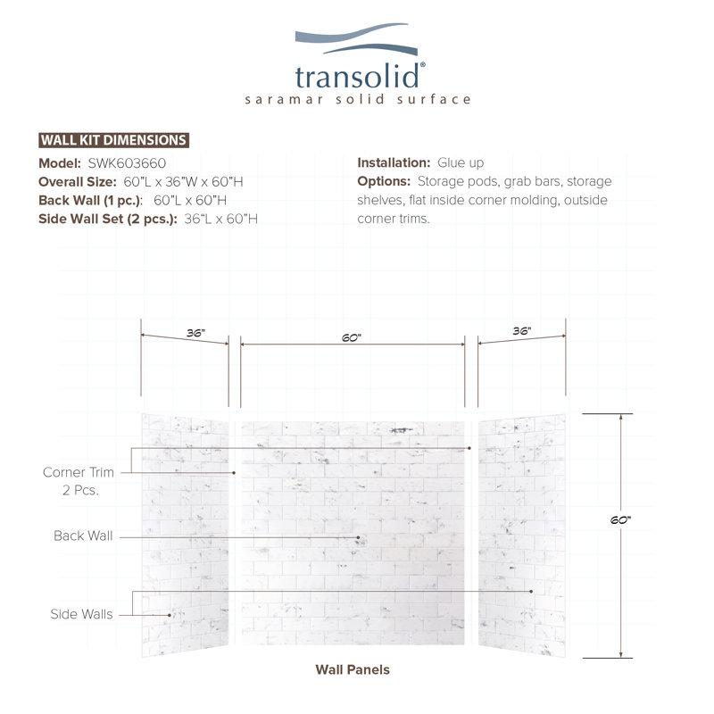White Venito 36" x 60" Glue Up Solid Surface Shower Wall Kit