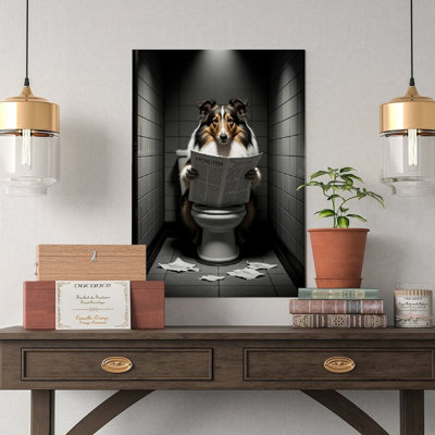 Canvas Wall Art Collie Sitting on The Toilet Reading A Newspaper Poster-2 Vintage Poster Print Home Decor