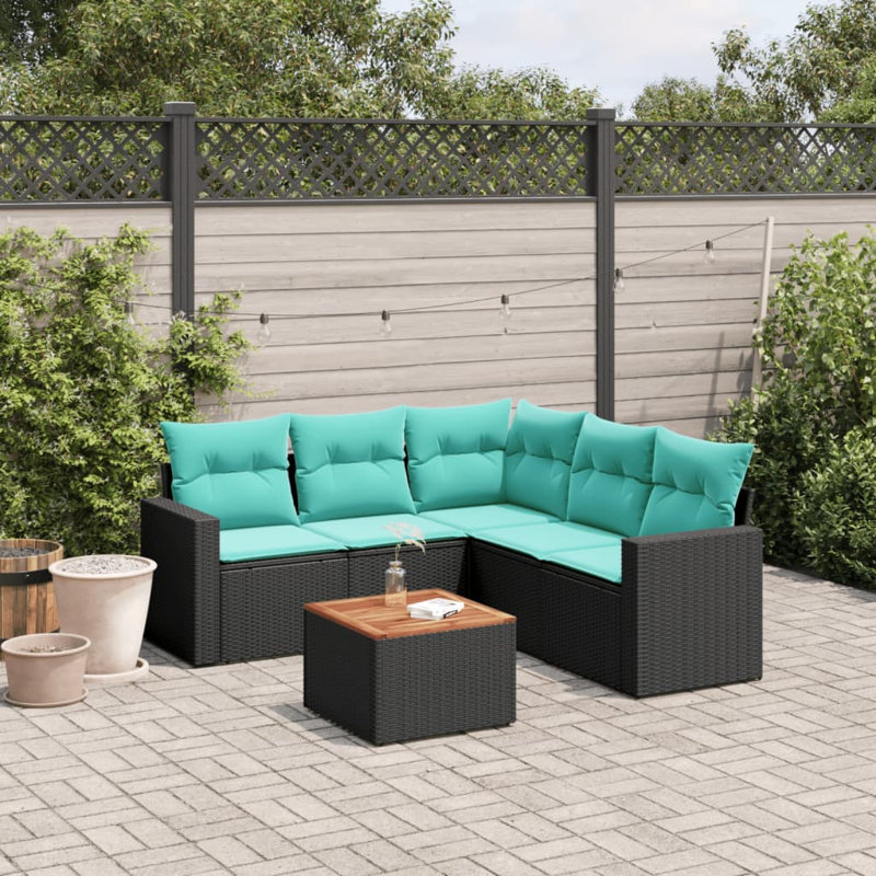  Ensemble de canapé de patio 6 pièces avec coussins en rotin de polyester noir