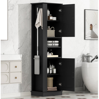 Grande armoire de rangement pour salle de bain, armoire de rangement autoportante avec crochet et tablette réglable, panneau de fibres à densité moyenne, noir