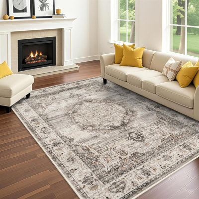 Tapis de salon 7 x 9: tapis doux lavable de style campagnard pour chambre de bébé, tapis d'intérieur rétro résistant aux taches pour salle à manger, tapis antidérapant durable pour propriétaires d'animaux de compagnie (7 x 9 beige)