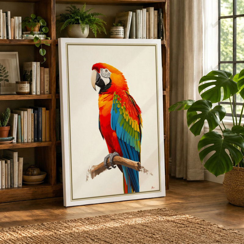 Scarlet Macaw Study Botanical - Wrapped Canvas, 36x24 - 91.4 x 61.0 cm, Taupe Border