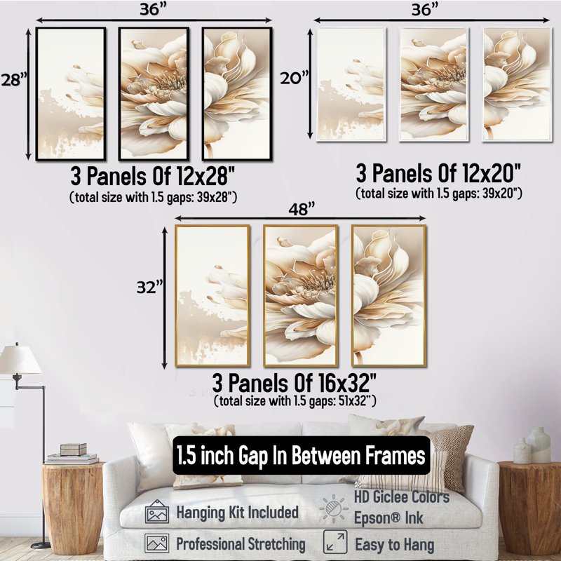 Blooming Beige Floral Design I - 3 pièces, reproduction sur toile, H 28 po x l 36 po x P 1 po, Noir