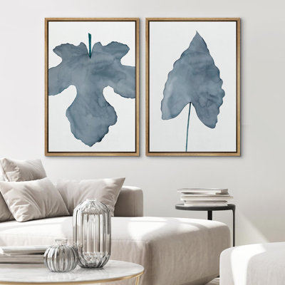 Feuilles d'arbre automne pastel bleu automne, œuvre d'art minimaliste, décor de chambre abstrait 2 pièces