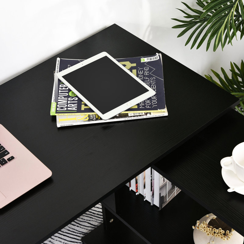 Bureau pivotant à 360 degrés en forme de L, noir avec tablettes de rangement, table d'écriture pour bureau à domicile, grand bureau et poste de travail solide, espace de travail pour économiser de l'espace sur le bureau