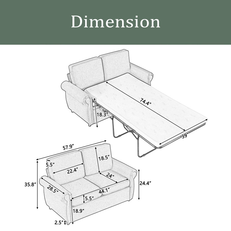 Canapé-lit 57,9 po avec matelas à mémoire de forme simple et deux ports USB pour les espaces de salon, Gris