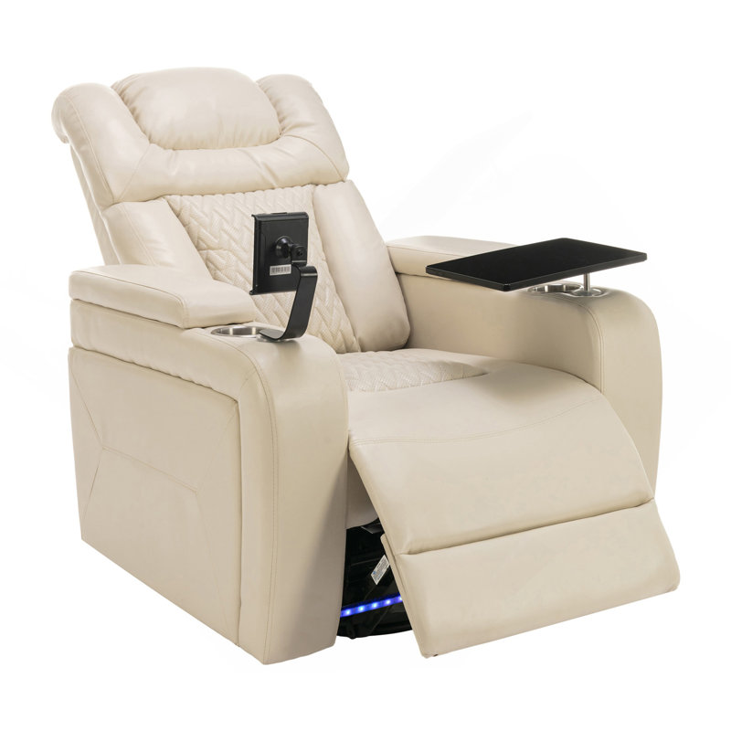 270 Degree Swivel PU Leather Power Recliner Individual Seat Home Theater Recliner With Tray Table,  Phone Holder, Cup Holder,  USB Port, Hidden Arm Storage For Living Room