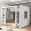 Lit mezzanine grand blanc avec garde-robe d'escalier et tablettes de rangement, structure de lit en bois peu encombrante-119577574