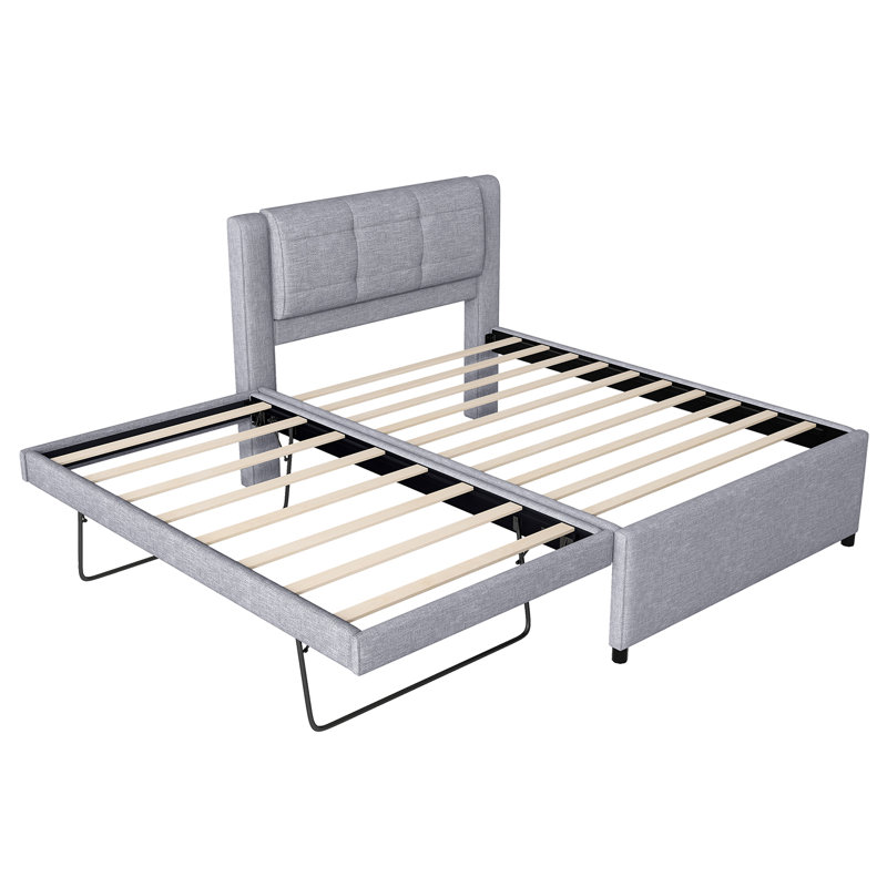 Lit plateforme tapissier avec lit gigogne, gris