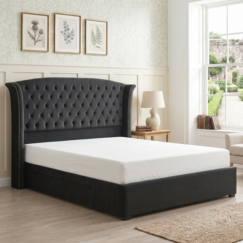 Button Tufted Wingback Velvet Upholstered Platform Bed with Storage Drawers, King, Black Velvet, King, Black