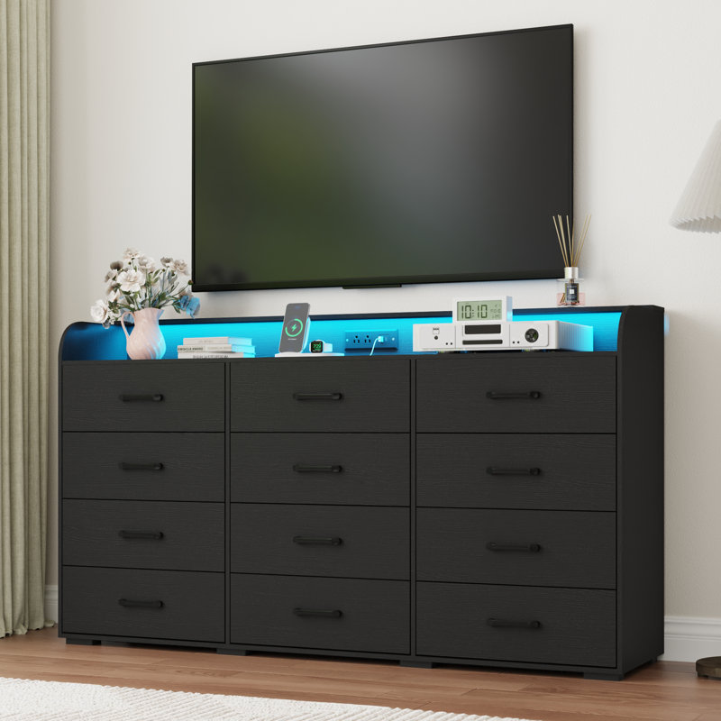 63" Wide Modern 12-Drawer Dresser With Led Light And Power Outlet, Large Storage Chest With Metal Handles For Bedroom Or Living Room