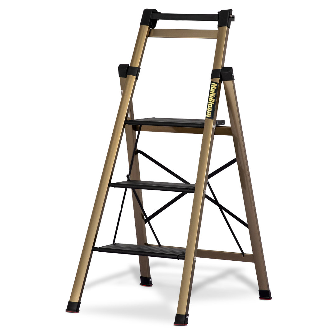 Aluminum Alloy 3 Step Ladder With Tool Tray, Folding Stool with Wide Pedal for Home Improvement MoNiBloom